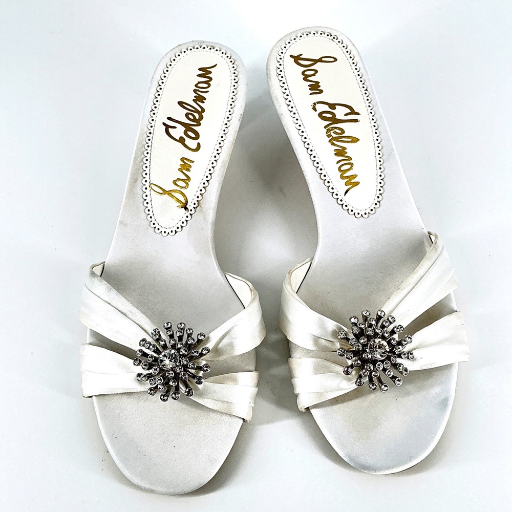 Sam Edelman Size 7.5 White Satin Rhinestone Kitten Heel Slide Mules Cindie - Picture 4 of 13